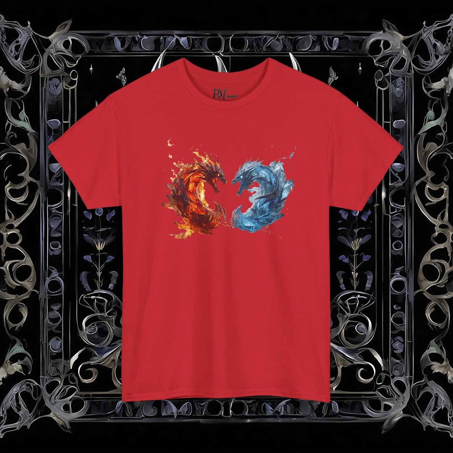 Gothic Fire and Ice Dragons Graphic T-shirt | Dark Fantasy Tee