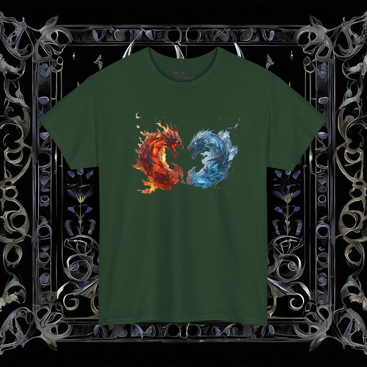 Gothic Fire and Ice Dragons Graphic T-shirt | Dark Fantasy Tee