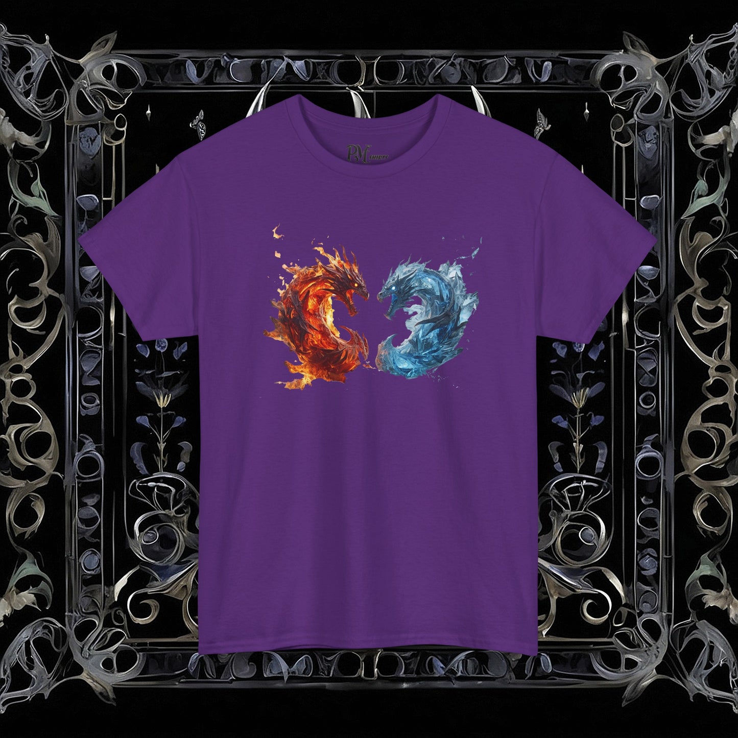 Gothic Fire and Ice Dragons Graphic T-shirt | Dark Fantasy Tee