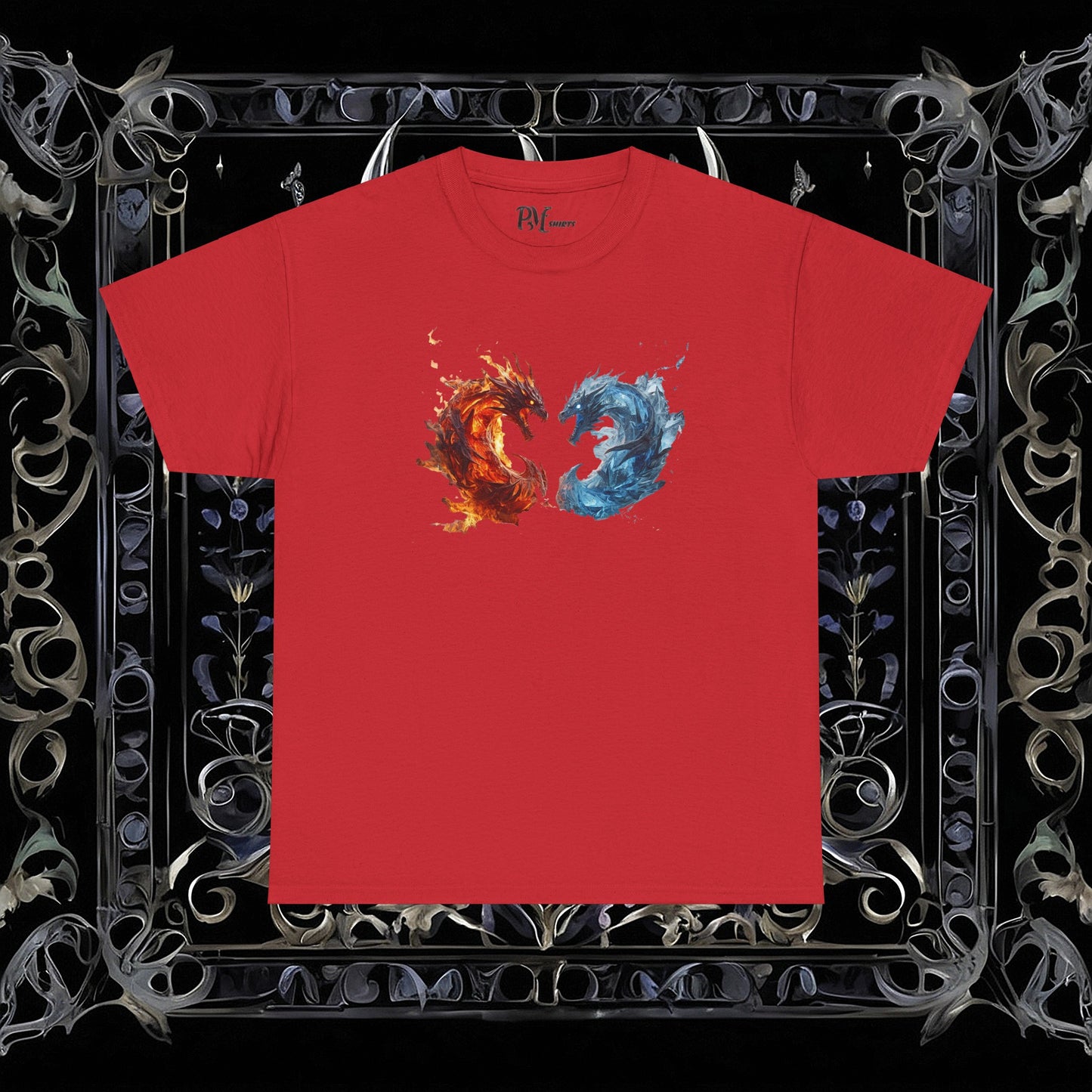 Gothic Fire and Ice Dragons Graphic T-shirt | Dark Fantasy Tee